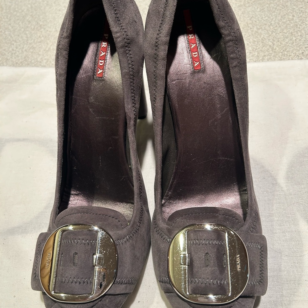 Prada Women's Dark Gray Suede Heels with Silver Buckle